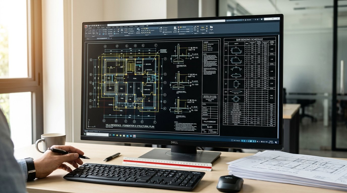 Contemporary Villa CAD Plan and Bar Bending Schedule